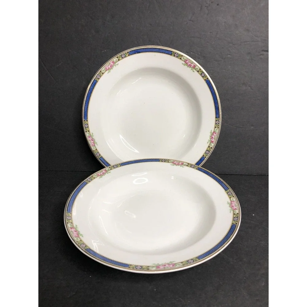 2 Steubenville Rimmed Soup Bowls Cobalt Blue Rim Pink Roses Vintage 8 3/4